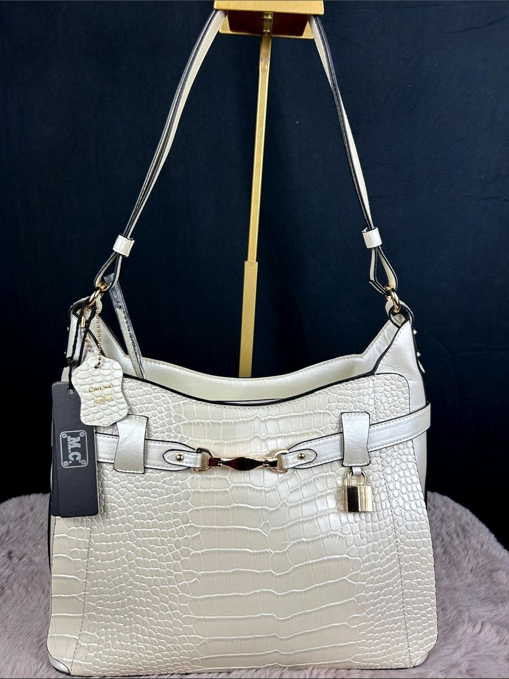M.C. Genuine Leather Croc Embossed Pearl Bone Shoulder Bag NWT